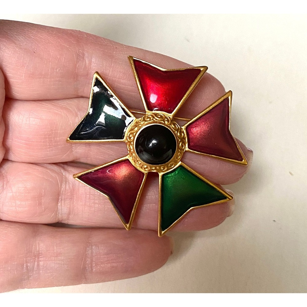 Vintage Anne Klein AK Maltese Cross Pin Brooch Gold Tone Enamel